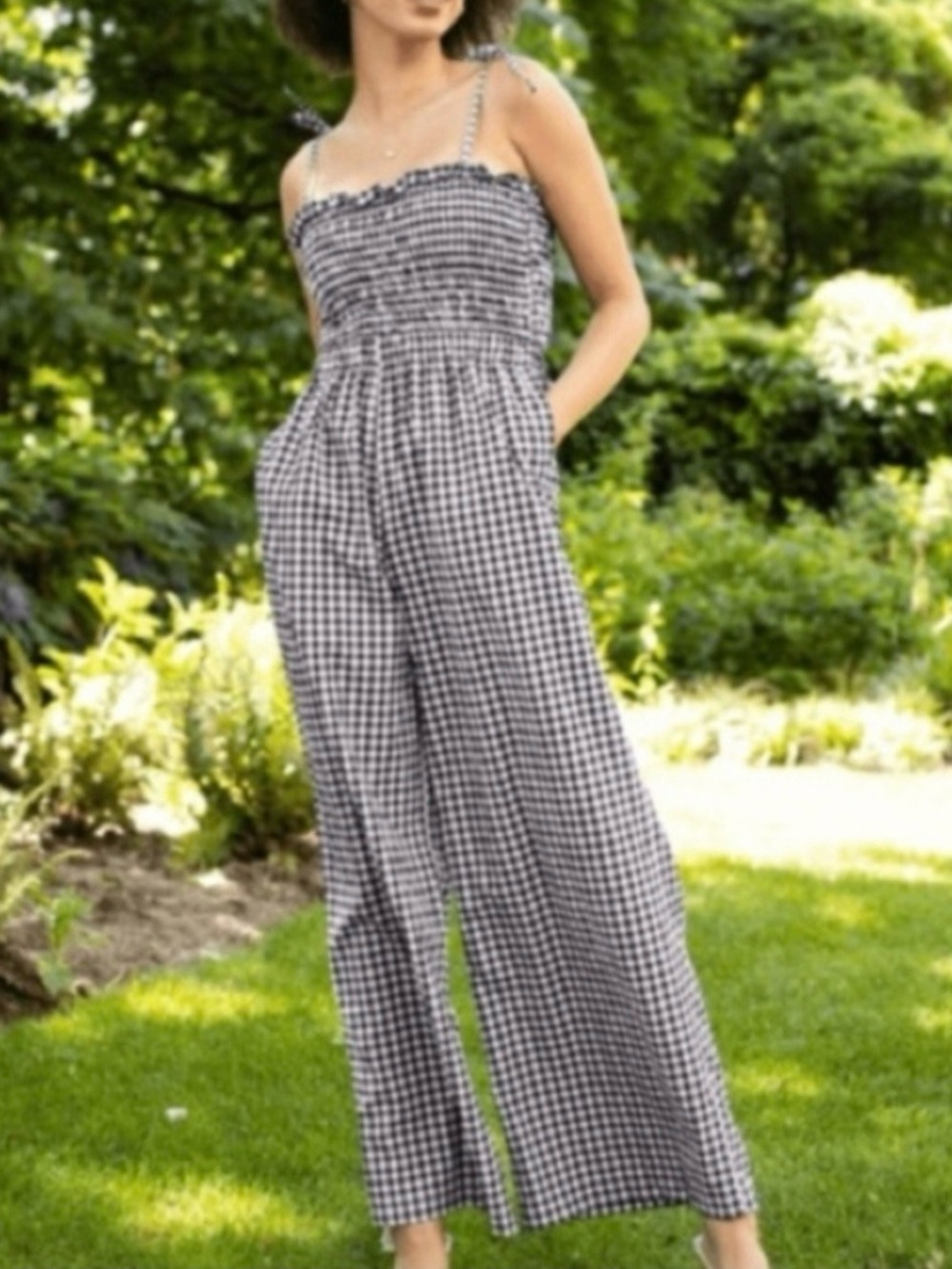 Black & White Gingham Smocked Wide-Leg Jumpsuit